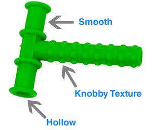 The green chewy tube has knobby textures to simulate food, a smooth surface and is hollow to allow for natural chewing action